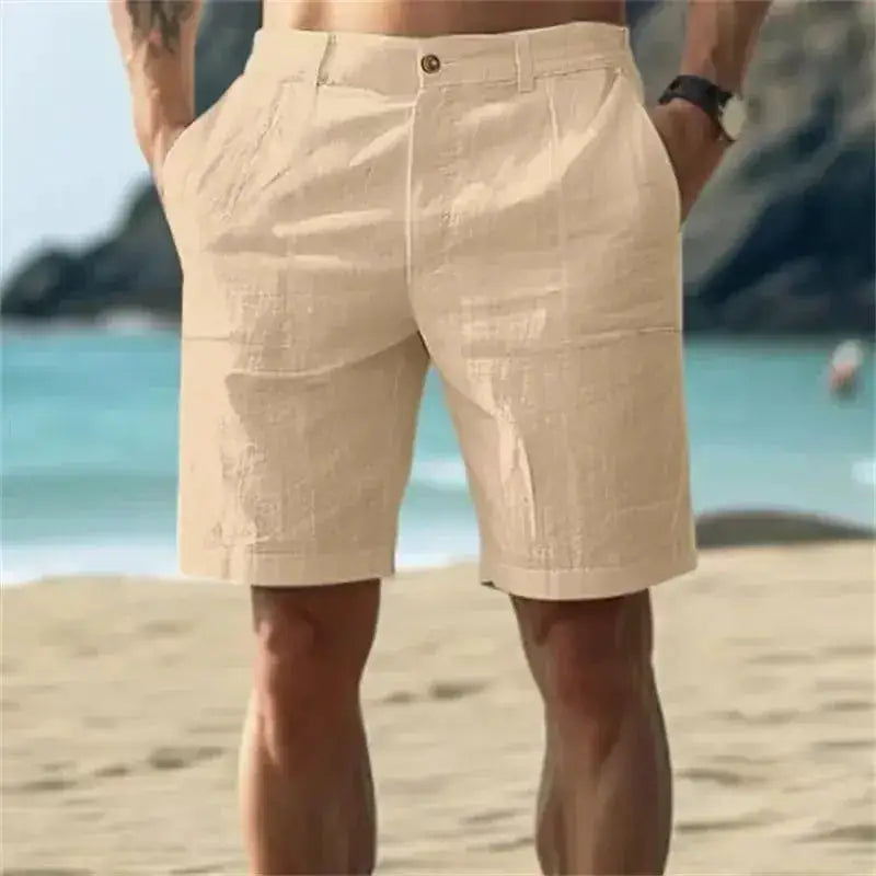 Men's breathable cotton shorts in solid color, summer streetwear trousers, available in various sizes, shown in navy blue.