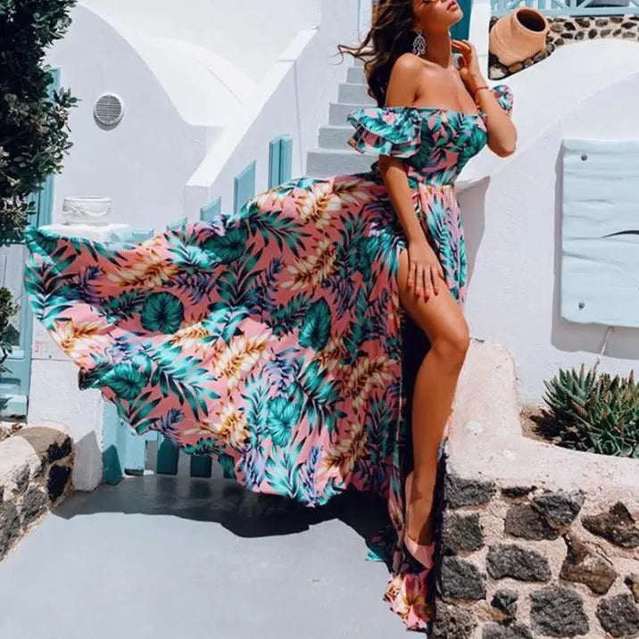 European and American style summer strapless printed dress for women by SHOPEZRA L.L.C., stylish and vibrant for warm weather.