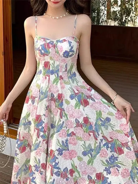 Elegant 2024 retro floral strap dress for women, mid-length summer beach dress with a fairy-inspired design by SHOPEZRA L.L.C.