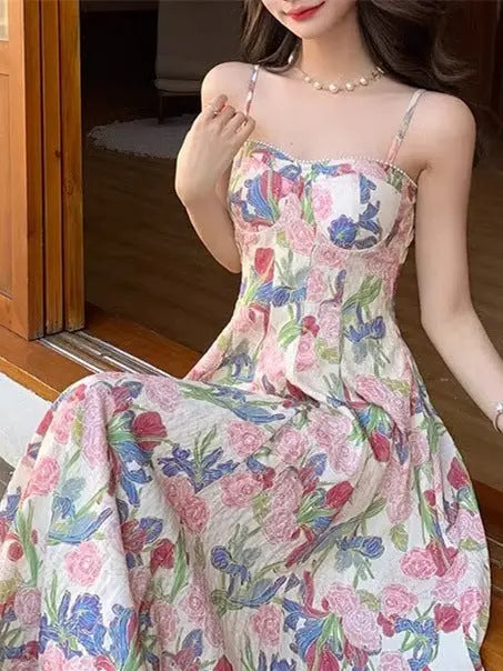 Elegant 2024 retro floral strap dress for women, mid-length summer beach dress with a fairy-inspired design by SHOPEZRA L.L.C.
