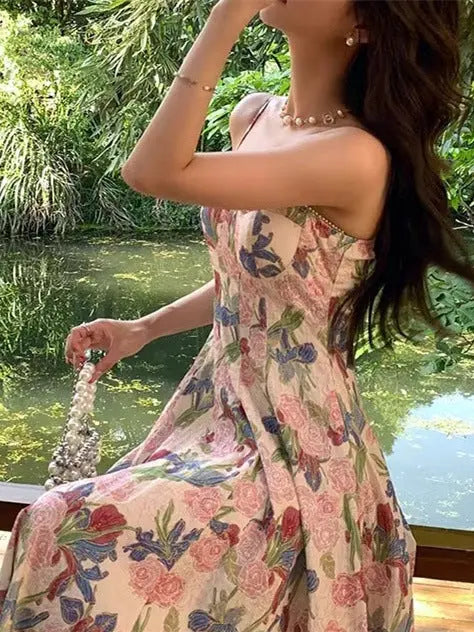 Women's 2024 retro floral strap dress by SHOPEZRA L.L.C., summer fairy beach dress with high-grade fabric, mid-length, elegant, all-match style.