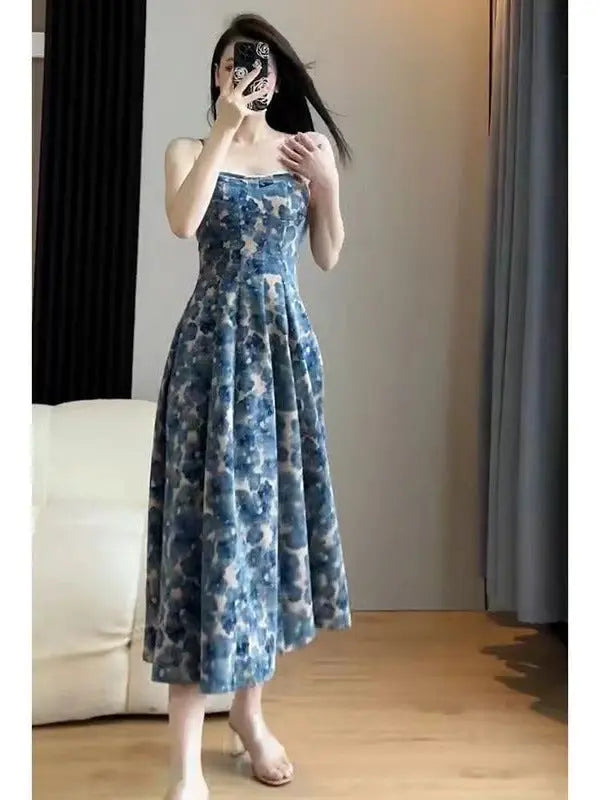 Elegant 2024 retro floral strap dress for women, mid-length summer beach dress with a fairy style, by SHOPEZRA L.L.C.
