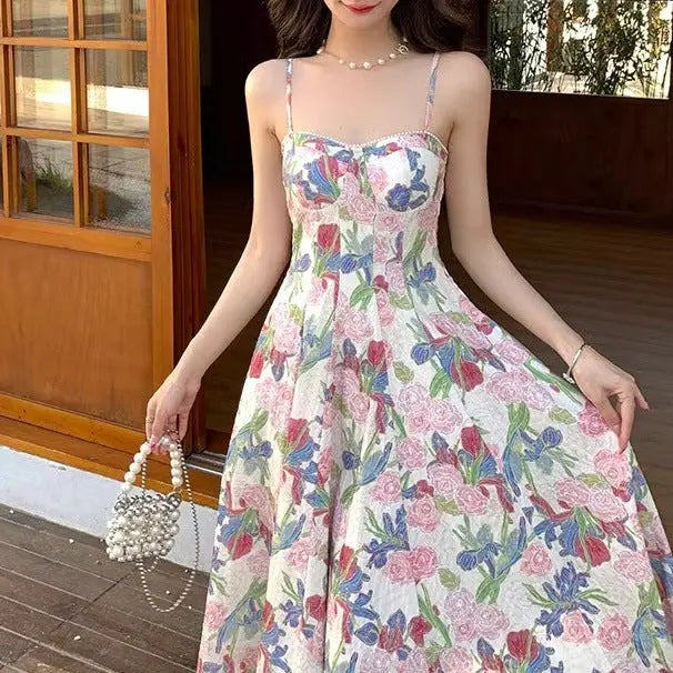 Women's 2024 retro floral strap dress by SHOPEZRA L.L.C., mid-length summer beach dress with elegant, all-match design.