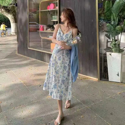 Summer women's floral dress by Shopezra L.L.C. featuring a short, tall French style V-neck strap casual dress.