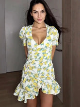 Lady Flare Puff Sleeve V Neck Mini Dress Women Floral Print Sexy Ruched Hem Bodycon Chic Dresses 2026 Party Summer Gowns Petite SHOPEZRA L.L.C.