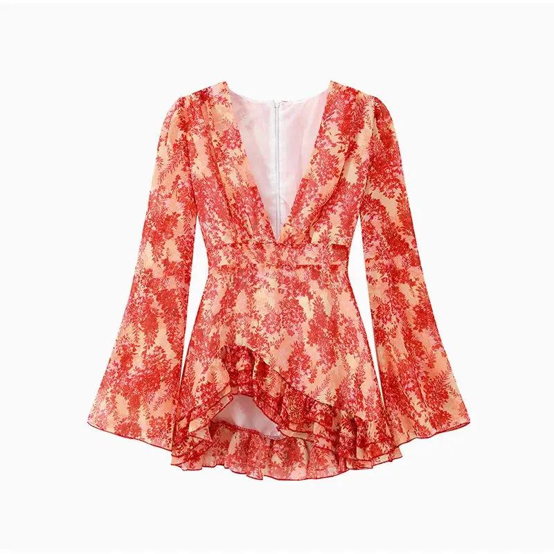 Lady Flare Puff Sleeve V Neck Mini Dress Women Floral Print Sexy Ruched Hem Bodycon Chic Dresses 2026 Party Summer Gowns Petite SHOPEZRA L.L.C.