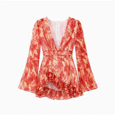 Lady Flare Puff Sleeve V Neck Mini Dress Women Floral Print Sexy Ruched Hem Bodycon Chic Dresses 2026 Party Summer Gowns Petite SHOPEZRA L.L.C.
