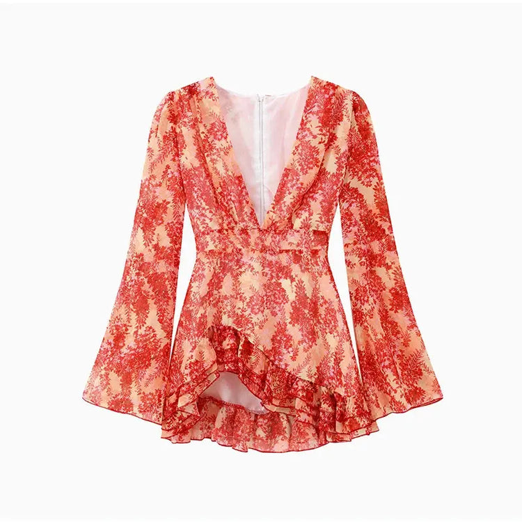 Lady Flare Puff Sleeve V Neck Mini Dress Women Floral Print Sexy Ruched Hem Bodycon Chic Dresses 2026 Party Summer Gowns Petite SHOPEZRA L.L.C.