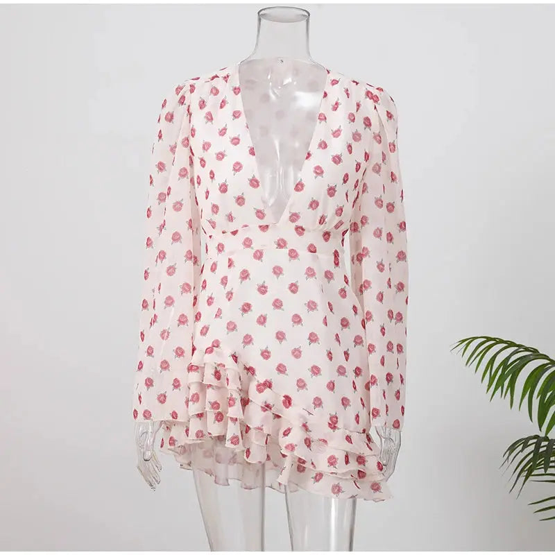 Lady Flare Puff Sleeve V Neck Mini Dress Women Floral Print Sexy Ruched Hem Bodycon Chic Dresses 2026 Party Summer Gowns Petite SHOPEZRA L.L.C.