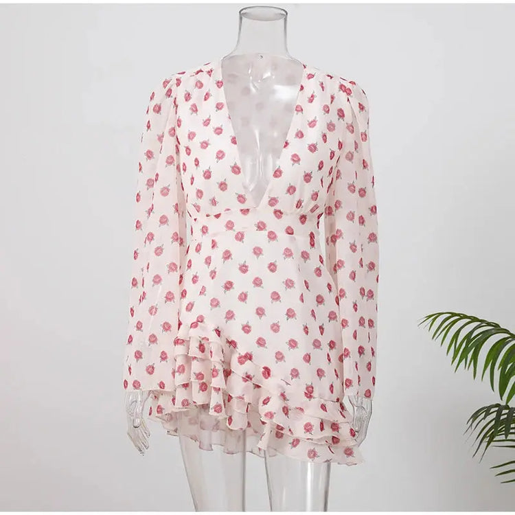 Lady Flare Puff Sleeve V Neck Mini Dress Women Floral Print Sexy Ruched Hem Bodycon Chic Dresses 2026 Party Summer Gowns Petite SHOPEZRA L.L.C.