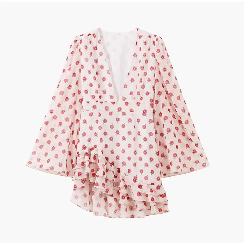 Lady Flare Puff Sleeve V Neck Mini Dress Women Floral Print Sexy Ruched Hem Bodycon Chic Dresses 2026 Party Summer Gowns Petite SHOPEZRA L.L.C.