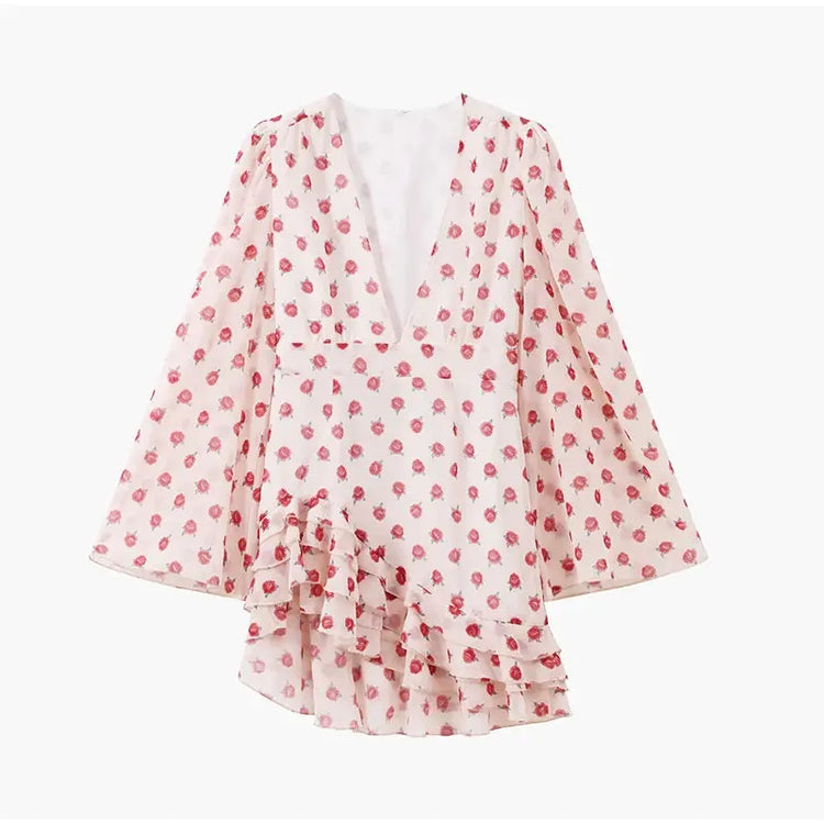 Lady Flare Puff Sleeve V Neck Mini Dress Women Floral Print Sexy Ruched Hem Bodycon Chic Dresses 2026 Party Summer Gowns Petite SHOPEZRA L.L.C.