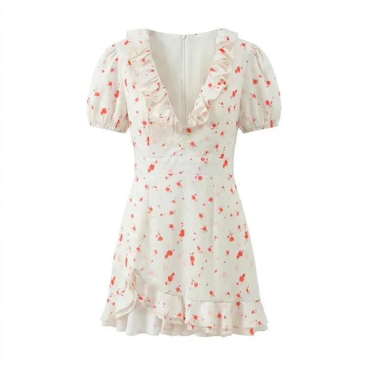 Lady Flare Puff Sleeve V Neck Mini Dress Women Floral Print Sexy Ruched Hem Bodycon Chic Dresses 2026 Party Summer Gowns Petite SHOPEZRA L.L.C.