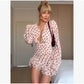 Lady Flare Puff Sleeve V Neck Mini Dress Women Floral Print Sexy Ruched Hem Bodycon Chic Dresses 2026 Party Summer Gowns Petite SHOPEZRA L.L.C.