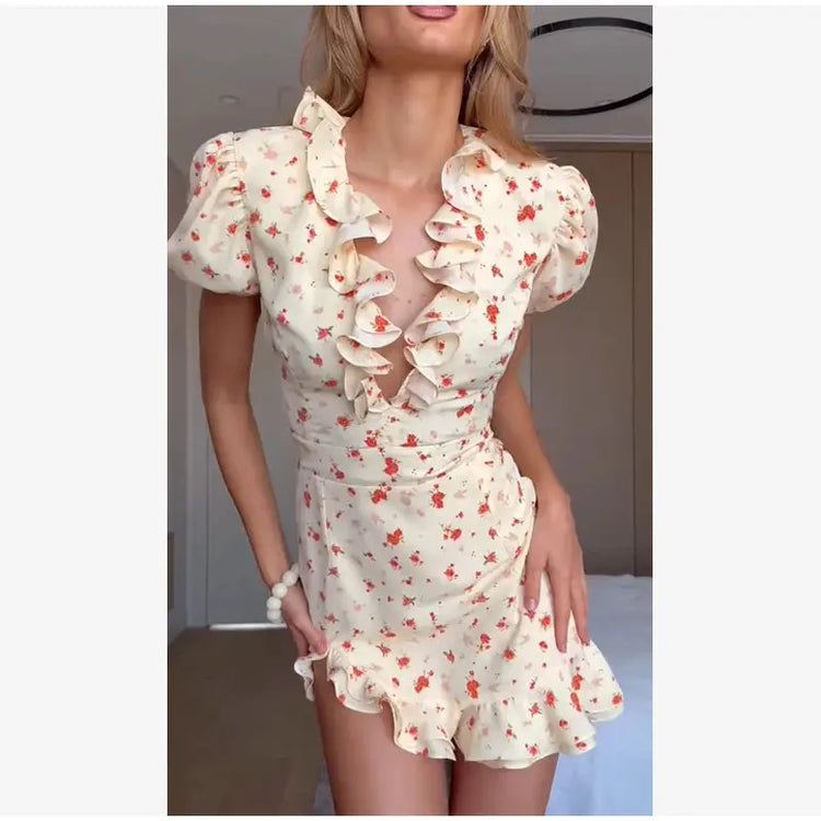Lady Flare Puff Sleeve V Neck Mini Dress Women Floral Print Sexy Ruched Hem Bodycon Chic Dresses 2026 Party Summer Gowns Petite SHOPEZRA L.L.C.