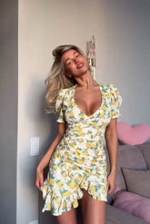 Lady Flare Puff Sleeve V Neck Mini Dress Women Floral Print Sexy Ruched Hem Bodycon Chic Dresses 2026 Party Summer Gowns Petite SHOPEZRA L.L.C.