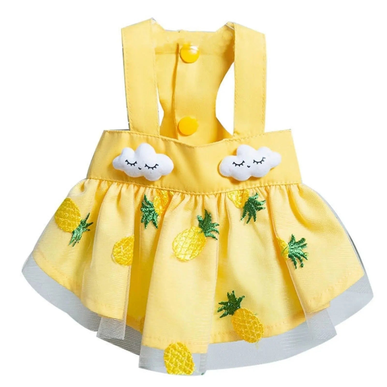 Yellow pineapple dog dress featuring cute pineapple embroidery and cloud decorations, perfect for small puppies.