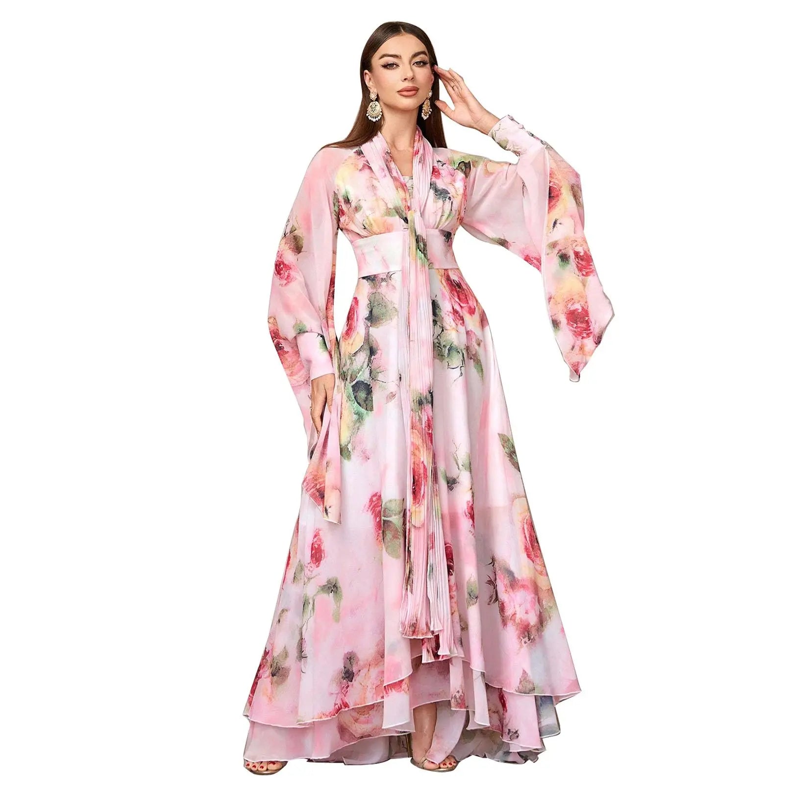 Flowy chiffon maxi dress for women with long sleeves and floral design in pink, perfect for casual wear.
