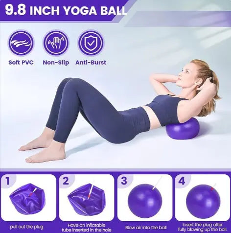 Woman using a 9.8 inch yoga ball for core exercises, showcasing yoga and pilates workout set features.