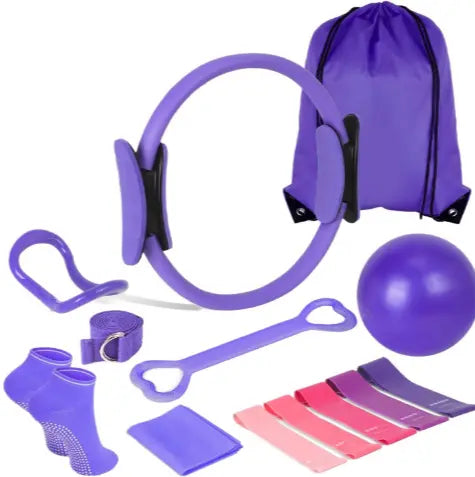 Pink 13-piece Yoga & Pilates Set from SHOPEZRA L.L.C. including mats, blocks, straps, and accessories for fitness practice