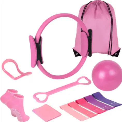 Pink 13-piece Yoga and Pilates set by SHOPEZRA L.L.C., includes mats, blocks, straps, and accessories for fitness practice