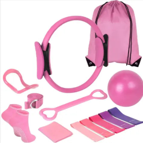 Pink 13-piece yoga and Pilates set by SHOPEZRA L.L.C., includes mats, blocks, straps, and accessories for exercise and stretching.