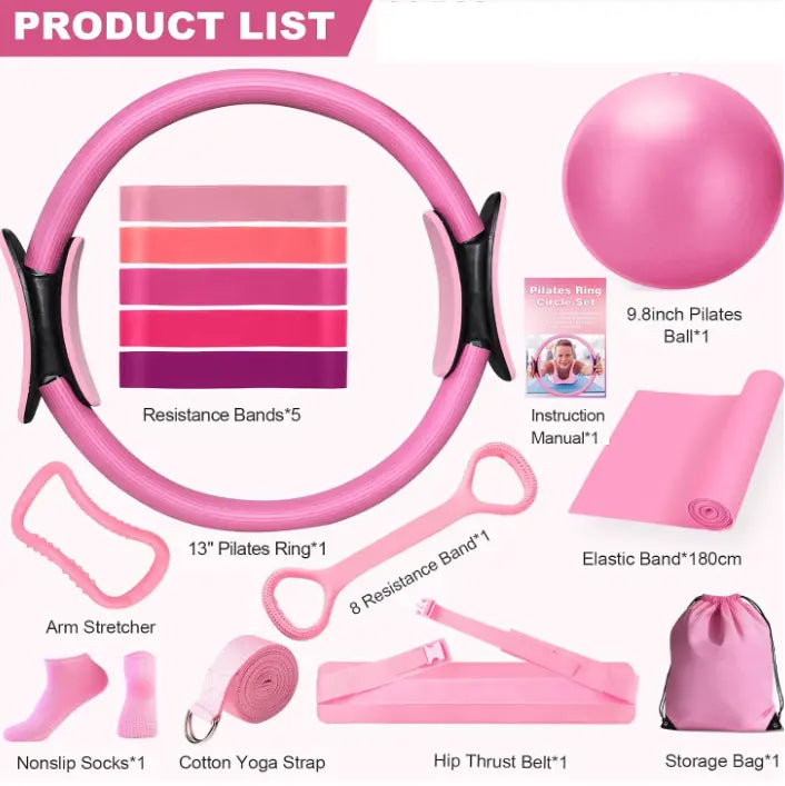 Pink 13-piece yoga and Pilates set by SHOPEZRA L.L.C., includes mats, blocks, straps, and accessories for exercise and stretching.