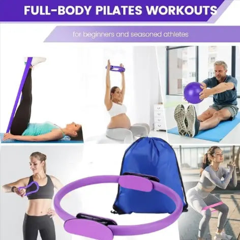 Pink 13-piece Yoga and Pilates set by SHOPEZRA L.L.C. includes mats, blocks, straps, and accessories for exercise and stretching.