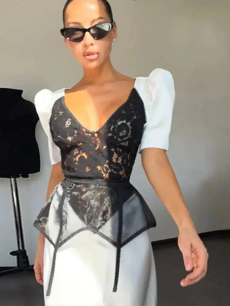 Lace Trim Satin Peplum Midi Dress Deep V-Neck Puff Sleeve A-Line 2026 Spring Summer Chic Elegant Romantic Women Cocktail Dress by Dropshipman