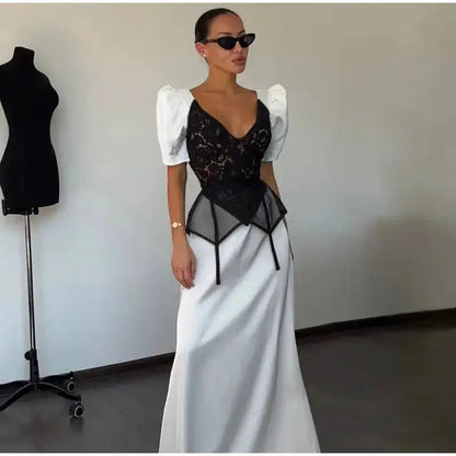 Lace Trim Satin Peplum Midi Dress Deep V-Neck Puff Sleeve A-Line 2026 Spring Summer Chic Elegant Romantic Women Cocktail Dress by Dropshipman
