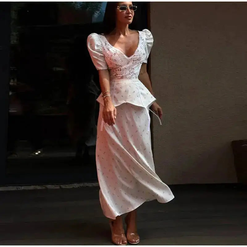 Lace Trim Satin Peplum Midi Dress Deep V-Neck Puff Sleeve A-Line 2026 Spring Summer Chic Elegant Romantic Women Cocktail Dress by Dropshipman