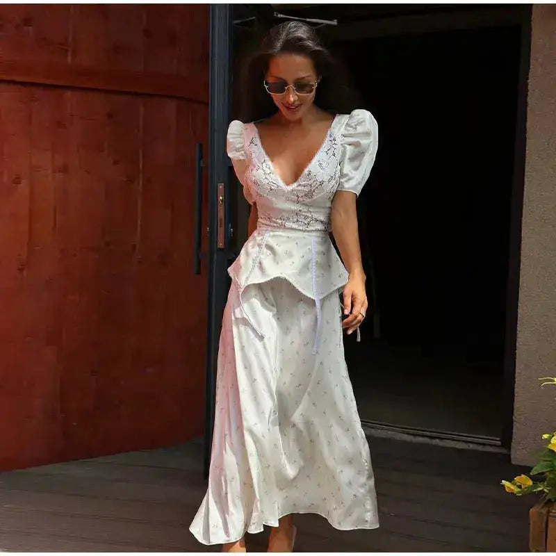 Lace Trim Satin Peplum Midi Dress Deep V-Neck Puff Sleeve A-Line 2026 Spring Summer Chic Elegant Romantic Women Cocktail Dress by Dropshipman