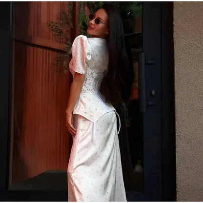 Lace Trim Satin Peplum Midi Dress Deep V-Neck Puff Sleeve A-Line 2026 Spring Summer Chic Elegant Romantic Women Cocktail Dress by Dropshipman