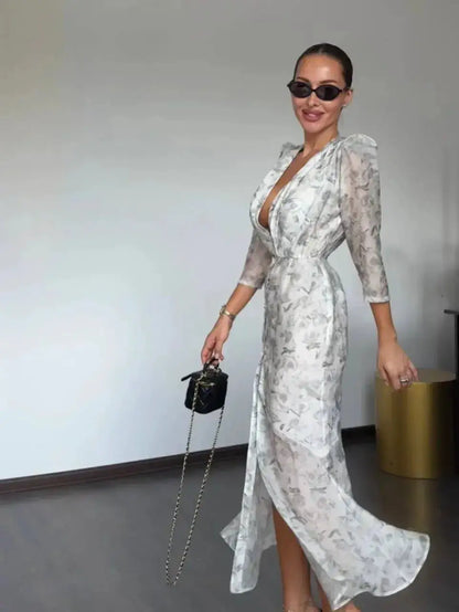 Lace Trim Satin Peplum Midi Dress Deep V-Neck Puff Sleeve A-Line 2026 Spring Summer Chic Elegant Romantic Women Cocktail Dress by Dropshipman