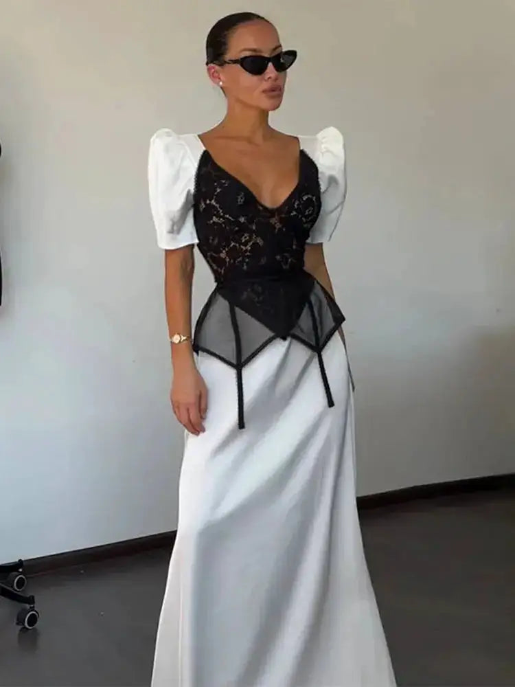 Lace Trim Satin Peplum Midi Dress Deep V-Neck Puff Sleeve A-Line 2026 Spring Summer Chic Elegant Romantic Women Cocktail Dress by Dropshipman