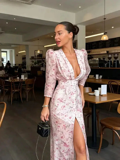 Lace Trim Satin Peplum Midi Dress Deep V-Neck Puff Sleeve A-Line 2026 Spring Summer Chic Elegant Romantic Women Cocktail Dress by Dropshipman