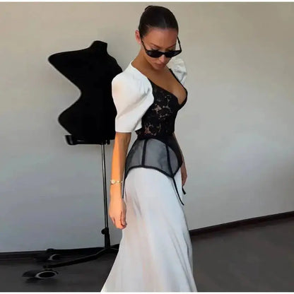 Lace Trim Satin Peplum Midi Dress Deep V-Neck Puff Sleeve A-Line 2026 Spring Summer Chic Elegant Romantic Women Cocktail Dress by Dropshipman