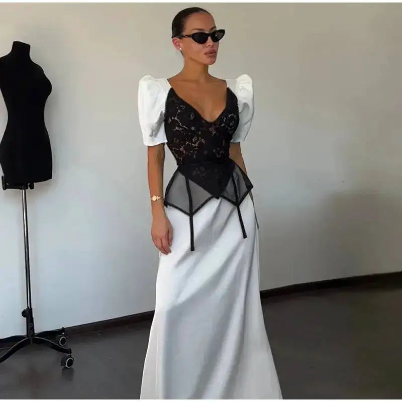 Lace Trim Satin Peplum Midi Dress Deep V-Neck Puff Sleeve A-Line 2026 Spring Summer Chic Elegant Romantic Women Cocktail Dress by Dropshipman