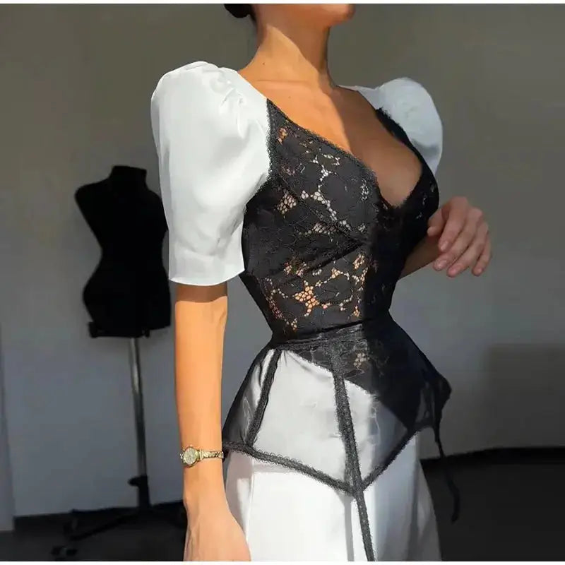 Lace Trim Satin Peplum Midi Dress Deep V-Neck Puff Sleeve A-Line 2026 Spring Summer Chic Elegant Romantic Women Cocktail Dress by Dropshipman