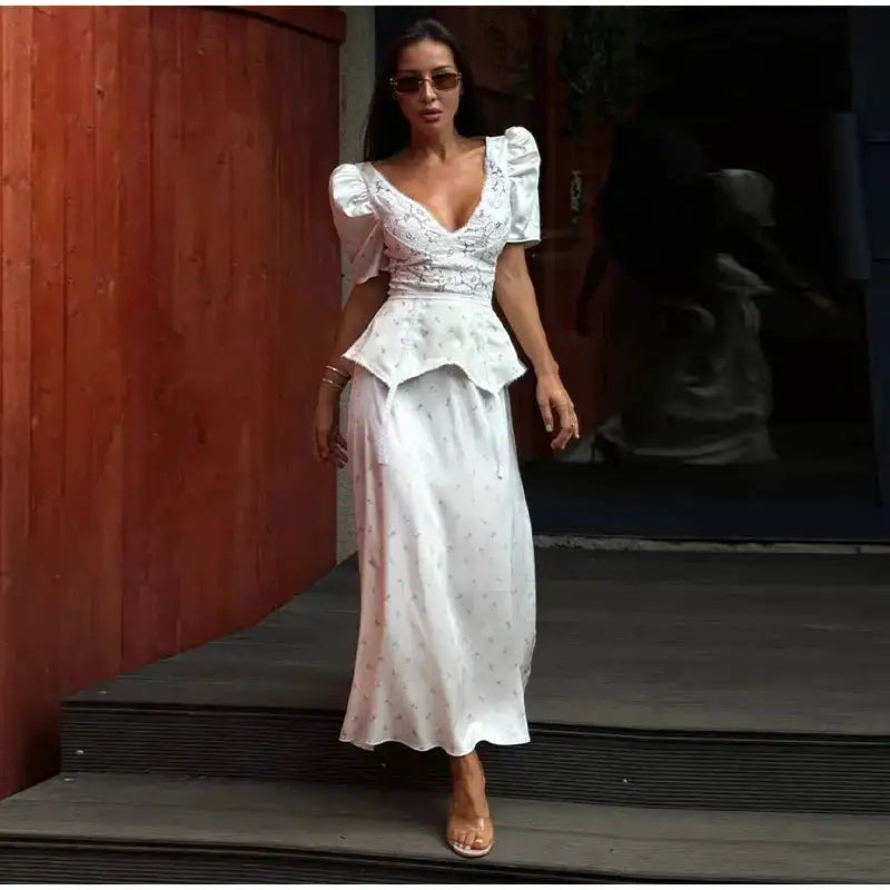 Lace Trim Satin Peplum Midi Dress Deep V-Neck Puff Sleeve A-Line 2026 Spring Summer Chic Elegant Romantic Women Cocktail Dress by Dropshipman
