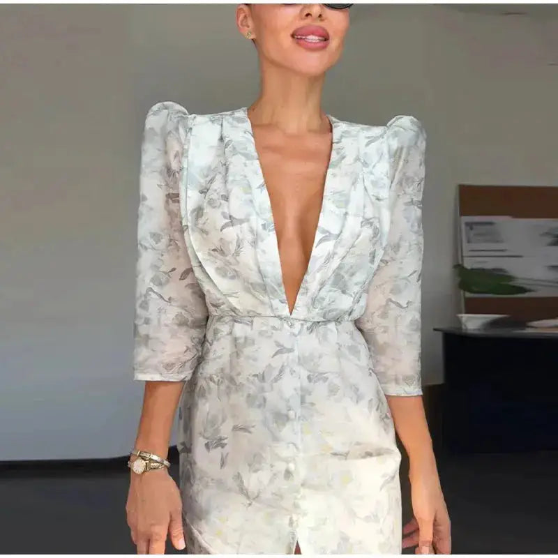 Lace Trim Satin Peplum Midi Dress Deep V-Neck Puff Sleeve A-Line 2026 Spring Summer Chic Elegant Romantic Women Cocktail Dress by Dropshipman