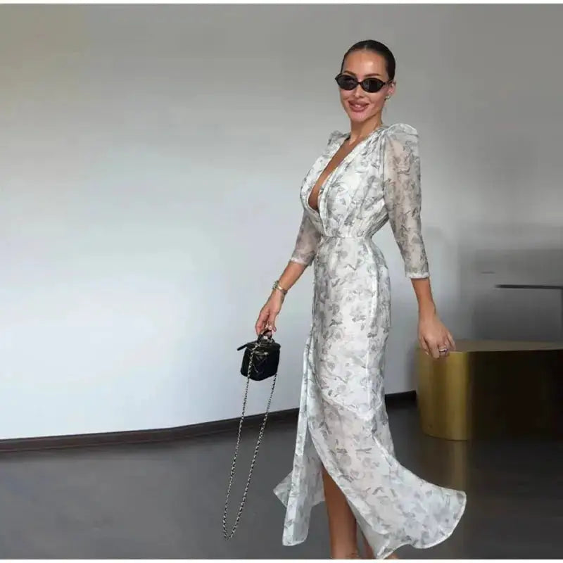 Lace Trim Satin Peplum Midi Dress Deep V-Neck Puff Sleeve A-Line 2026 Spring Summer Chic Elegant Romantic Women Cocktail Dress by Dropshipman