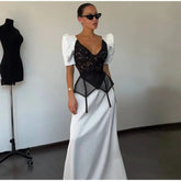 Lace Trim Satin Peplum Midi Dress Deep V-Neck Puff Sleeve A-Line 2026 Spring Summer Chic Elegant Romantic Women Cocktail Dress SHOPEZRA L.L.C.