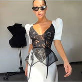 Lace Trim Satin Peplum Midi Dress Deep V-Neck Puff Sleeve A-Line 2026 Spring Summer Chic Elegant Romantic Women Cocktail Dress SHOPEZRA L.L.C.