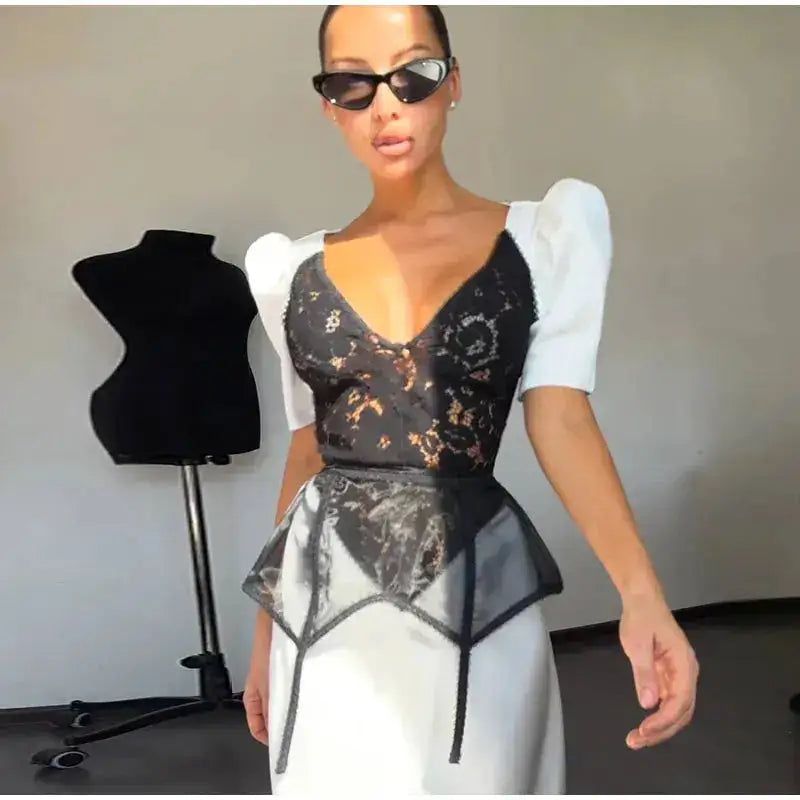 Lace Trim Satin Peplum Midi Dress Deep V-Neck Puff Sleeve A-Line 2026 Spring Summer Chic Elegant Romantic Women Cocktail Dress by Dropshipman