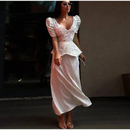 Lace Trim Satin Peplum Midi Dress Deep V-Neck Puff Sleeve A-Line 2026 Spring Summer Chic Elegant Romantic Women Cocktail Dress by Dropshipman