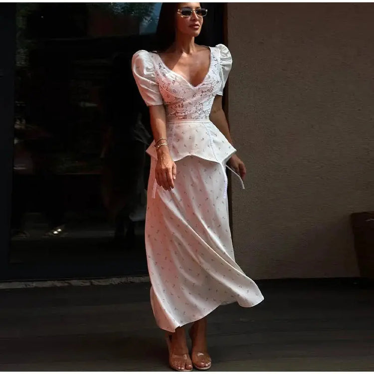 Lace Trim Satin Peplum Midi Dress Deep V-Neck Puff Sleeve A-Line 2026 Spring Summer Chic Elegant Romantic Women Cocktail Dress SHOPEZRA L.L.C.