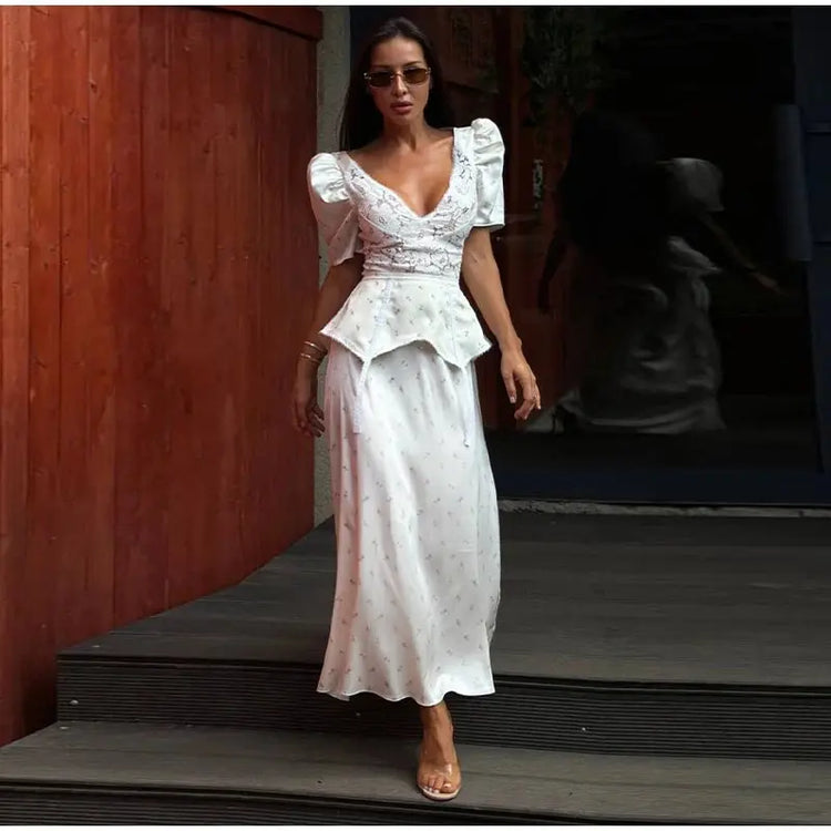 Lace Trim Satin Peplum Midi Dress Deep V-Neck Puff Sleeve A-Line 2026 Spring Summer Chic Elegant Romantic Women Cocktail Dress SHOPEZRA L.L.C.