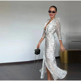 Lace Trim Satin Peplum Midi Dress Deep V-Neck Puff Sleeve A-Line 2026 Spring Summer Chic Elegant Romantic Women Cocktail Dress SHOPEZRA L.L.C.