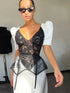 Lace Trim Satin Peplum Midi Dress Deep V-Neck Puff Sleeve A-Line 2026 Spring Summer Chic Elegant Romantic Women Cocktail Dress by Dropshipman